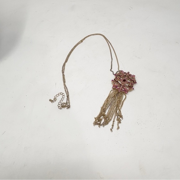 Round Entwined Pink Red Stone Filigree Necklace With Fringe Detail Up To 24” - Picture 5 of 8